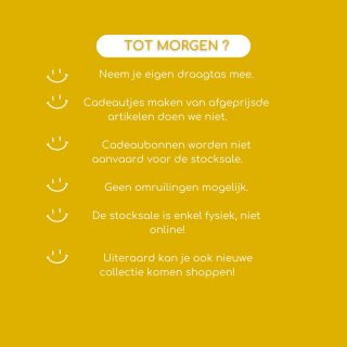 STOCKSALE 🛒✨
.
Ben jij klaar voor morgen?
Deuren gaan open om 10 uur! Er gaan écht pareltjes te scoren zijn!
Millesteenstraat 67, Dadizele
Kortingen tot wel -70% !! 😮
.
#dontmissit #seeyousoon #mooiekortingen